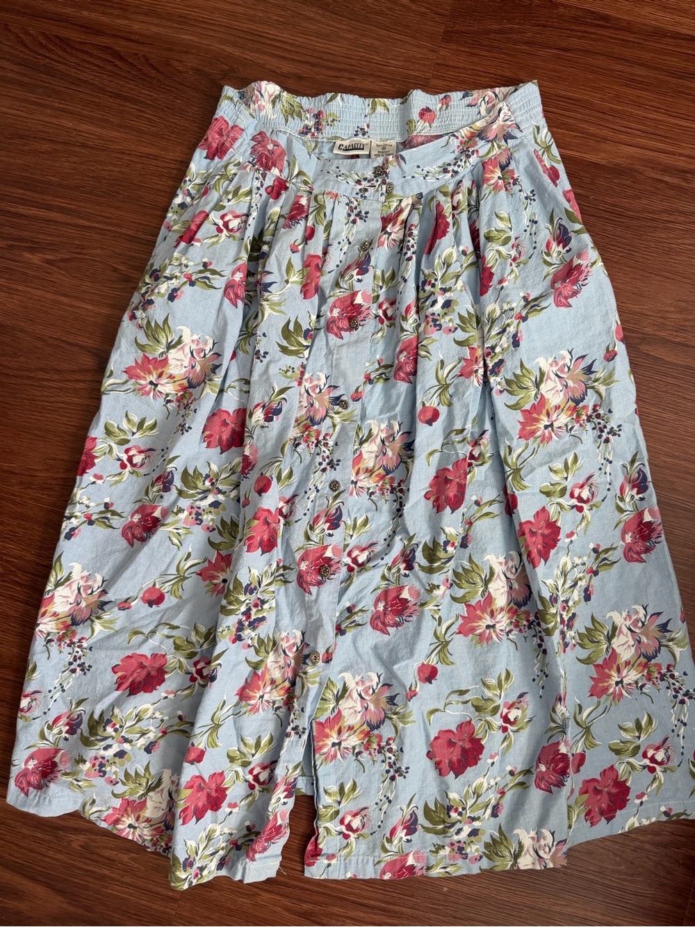 Light Blue Floral Maxi Skirt with Pink-Red Blooms